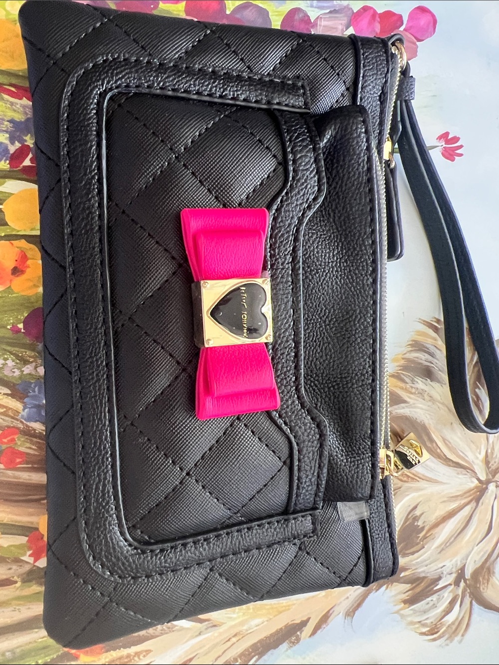 Betsy Johnson Black Wristlet Clutch with Pink Bow Accent